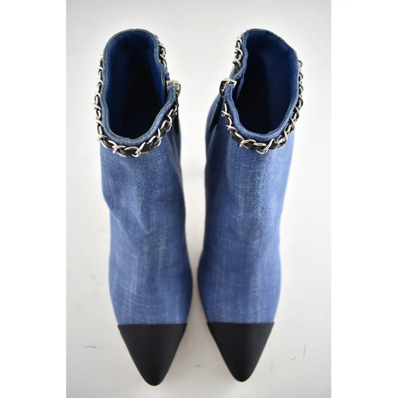 Chanel 20C Blue Denim Fabric Black Chain CC Logo Short Ankle Heel Boot Bootie 38 - Picture 6 of 12